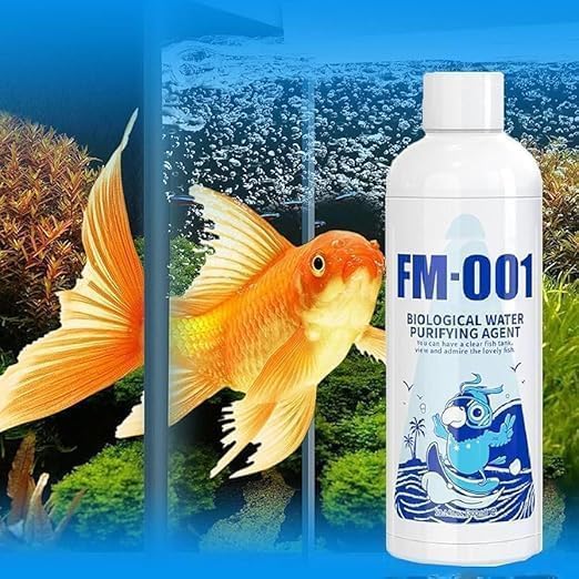 FM-001 aquarium water treatment beside a fish tank