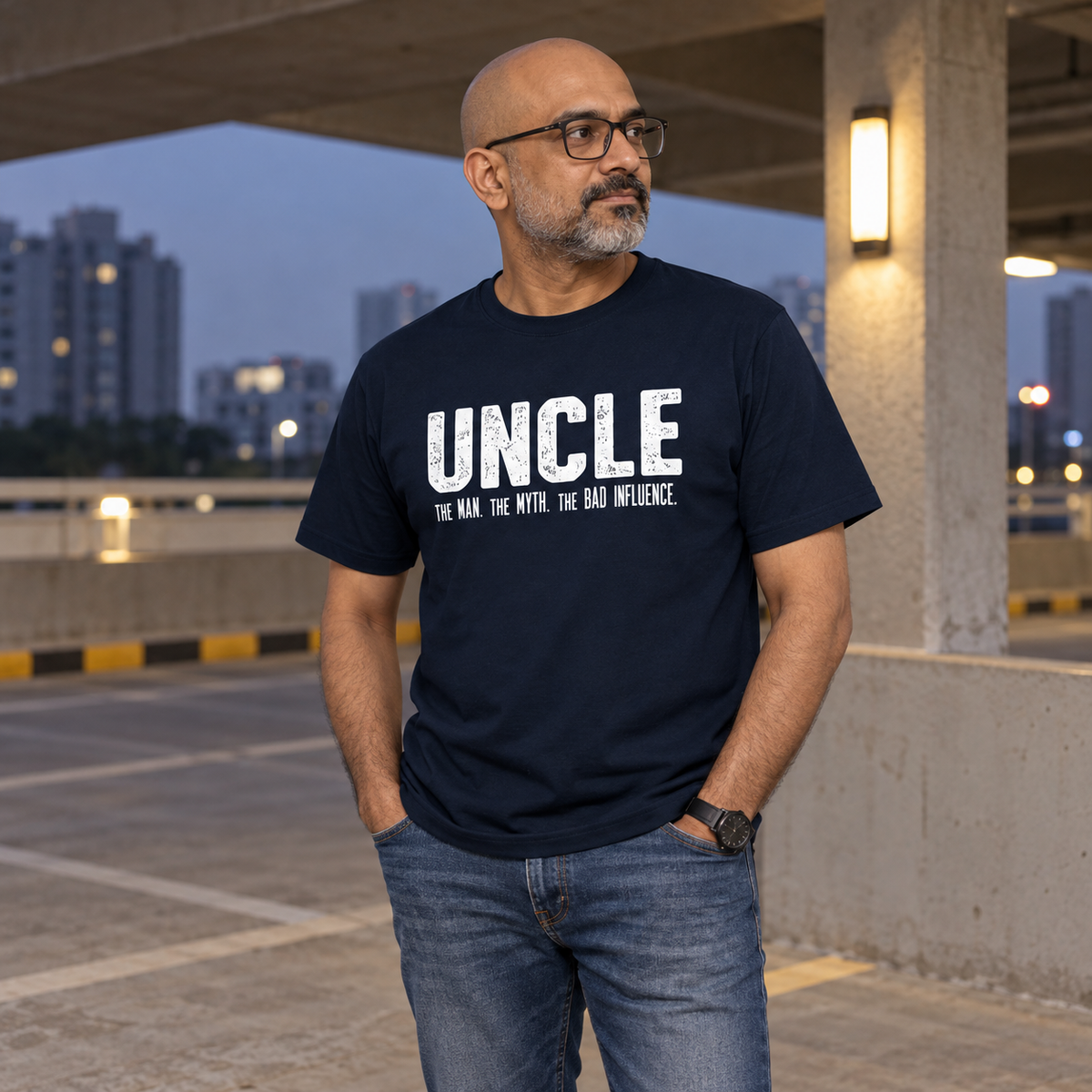 Uncle Unisex Cotton T-Shirt — Navy Blue — alternate-male