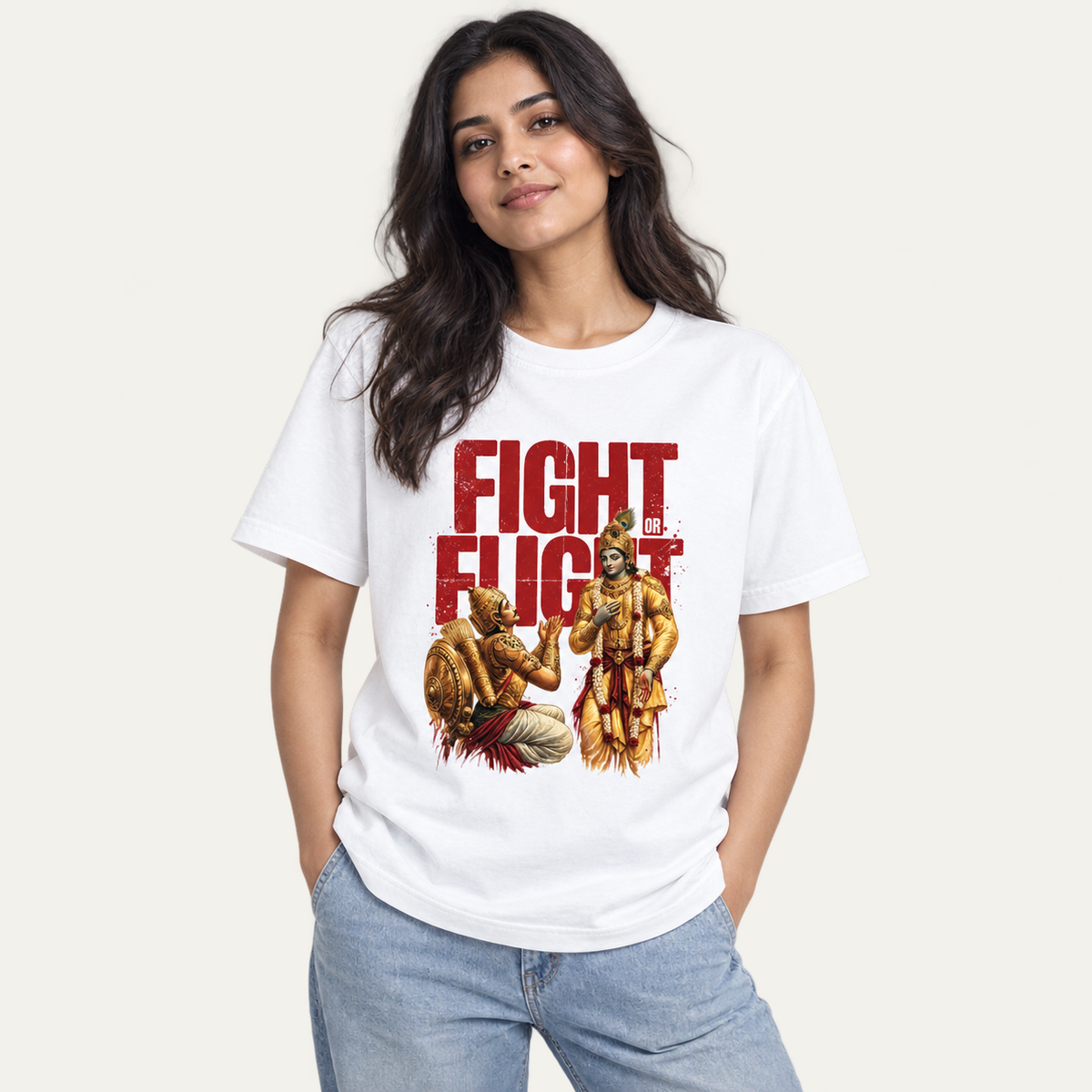 Mahabharat Aesthetic Unisex Standard Crew T-Shirt — White — lifestyle-female