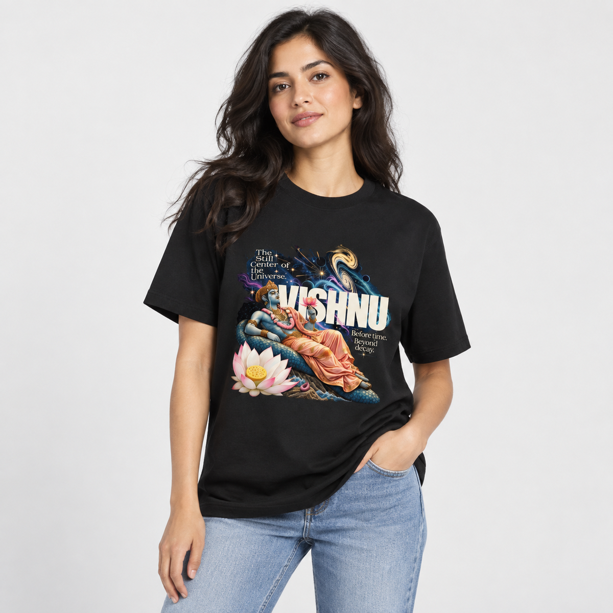God Vishnu Unisex Standard Crew T-Shirt — Black — lifestyle-female