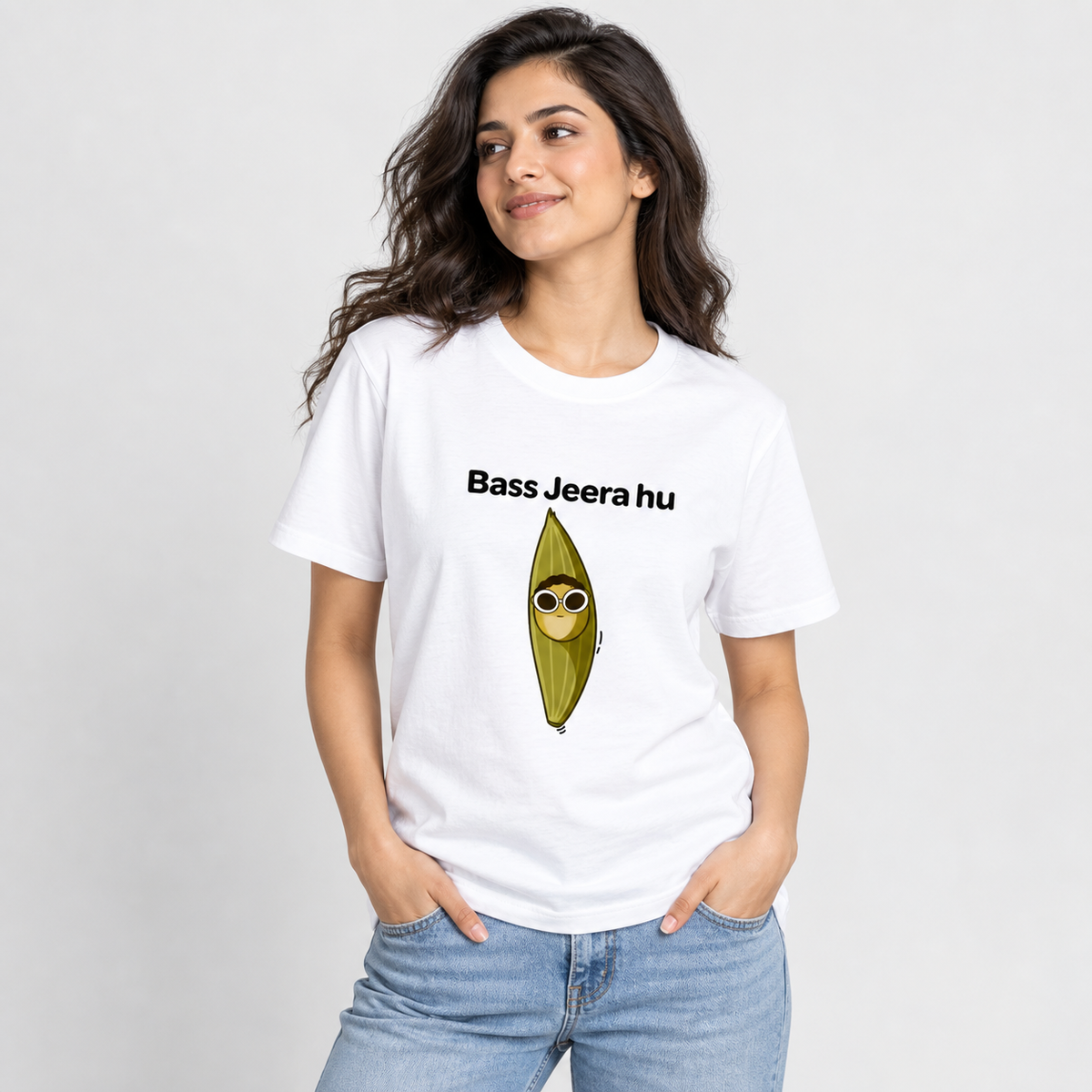 Bass Jeera Hu Unisex Standard Crew T-Shirt — White — lifestyle-female