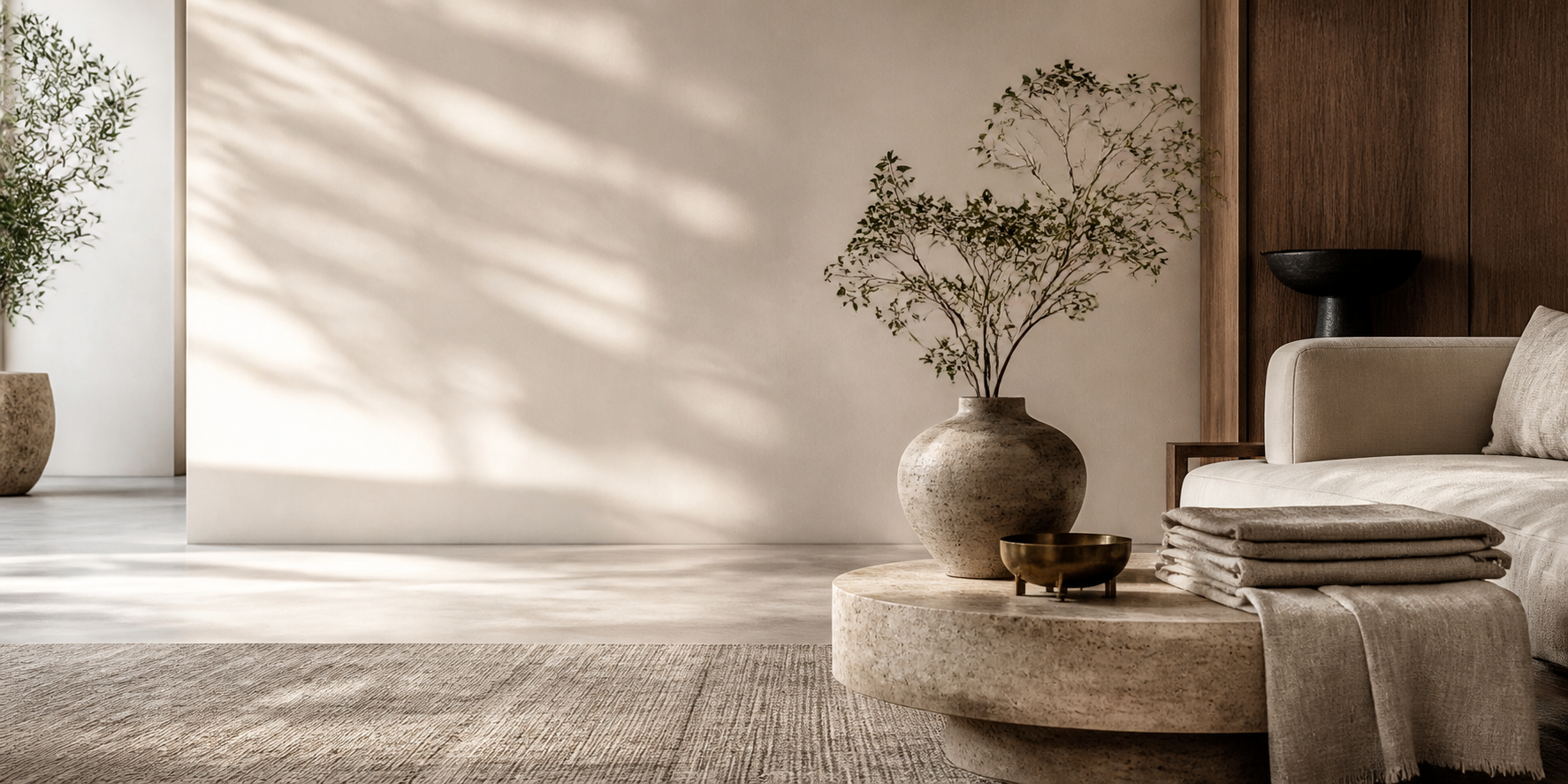 Serene luxury living room with natural stone, linen and walnut